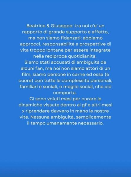 La verità di Beatrice Luzzi e Giuseppe Garibaldi: «Tra noi c'è un rapporto di grande supporto e affetto, ma non siamo fidanzati, abbiamo prospettive di vita troppo diverse» comunicato luzzi garibaldi