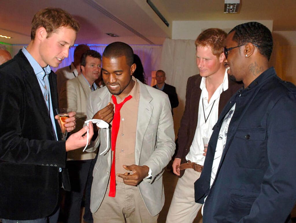 harry, il principe william, diddy e kanye west nel backstage del concerto per diana del 2007