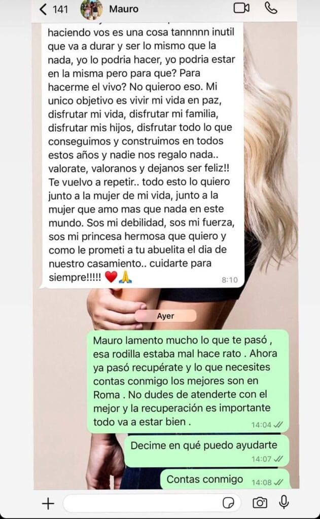Wanda Nara ama il rapper e dice addio a Mauro Icardi: posta sul web foto tenere con L-Gante e ignora il messaggio d'amore dell'ex marito la chat pubblicata da wanda nara con in alto la dichiarazione d'amore dell'ex marito che lei ha ignorato chiedendo solo delle sue condizioni di salute dopo l'infortunio