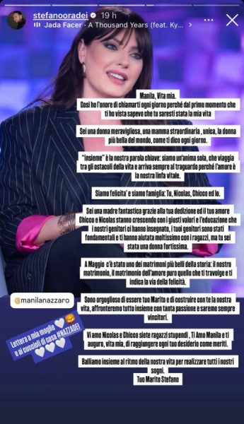 Manila Nazzaro confessa che non avrà un figlio: «Io e Stefano ci abbiamo provato insieme, e non siamo riusciti a farlo». E Oradei la consola: «noi siamo un’anima sola, che viaggia tra gli ostacoli della vita». La magnifica lettera social di Stefano Oradei a Manila Nazzaro