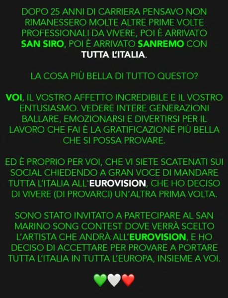 Gabry Ponte, la sua 'Tutta l'Italia' rappresenterà San Marino all'Eurovision: insieme a Lucio Corsi abbiamo ben due artisti da tifare in Europa Il post di Gabry Ponte con il quale annuncia di partecipare alle selezioni per l'Eurovision