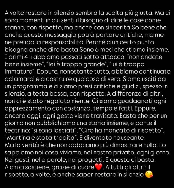 Ciro Solimeno, la rabbia per gli insulti a lui e Martina De Ioannon: «Se un giorno non pubblichiamo una storia insieme parte il teatrino, 'si sono lasciati'. Stiamo costruendo qualcosa di vero e continuiamo ad amarci» Ciro Solimeno sfogo social