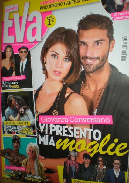Giovanni Conversano e Giada Pezzaioli, nozze dopo 15 anni di amore. «Ci siamo scelti con uno sguardo, con un sorriso, una stretta di mano. Due anime pure che hanno aperto l'orizzonte delle proprie vite» La copertina di Eva 3000 del 2014 che racconta l'amore di Giada e Giovanni