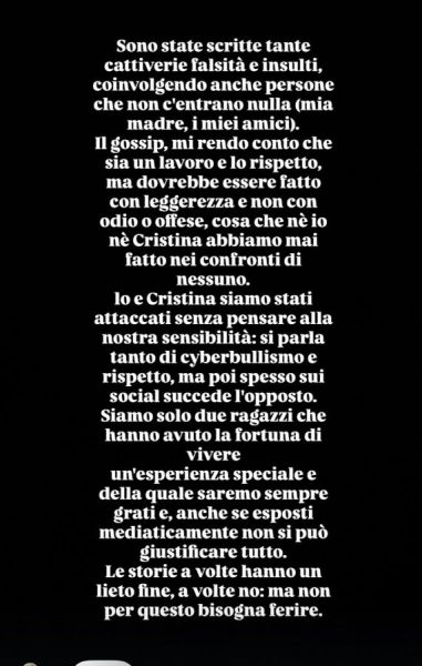 Gianmarco e Cristina si sono lasciati, lo rivela l'ex tronista con un comunicato: «la nostra storia è giunta al termine, restano la stima e il rispetto». E dice basta agli attacchi e alle offese sui social: «sono state scritte tante falsità» gianmarco e cristina si solo lasciati: il comunicato