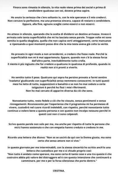 Gianmarco e Cristina si sono lasciati, lo rivela l'ex tronista con un comunicato: «la nostra storia è giunta al termine, restano la stima e il rispetto». E dice basta agli attacchi e alle offese sui social: «sono state scritte tante falsità» Cristina Ferrara comunicato
