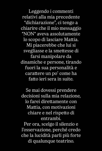 Mattia e Grazia del Grande Fratello sempre più vicini, anche quando arriva la busta rossa con la notizia che la fidanzata di lui l'ha mollato. Ma poi arriva la smentita di Carlotta: «Non ho alcuna intenzione di lasciare Mattia» La smentita social di Carlotta Vendemmia