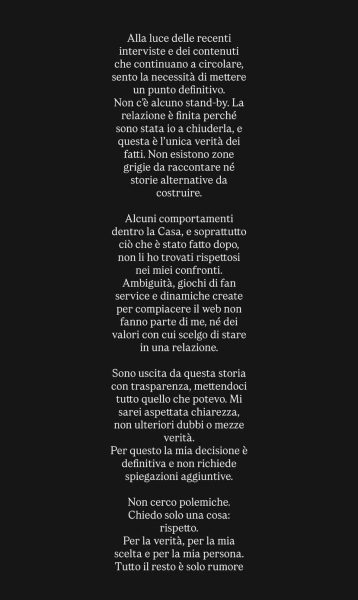 Il comunicato social con cui Carlotta ha lasciato Mattia Scudieri