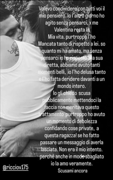 Il post di scuse di Antonio Panico a Valentina Riccio