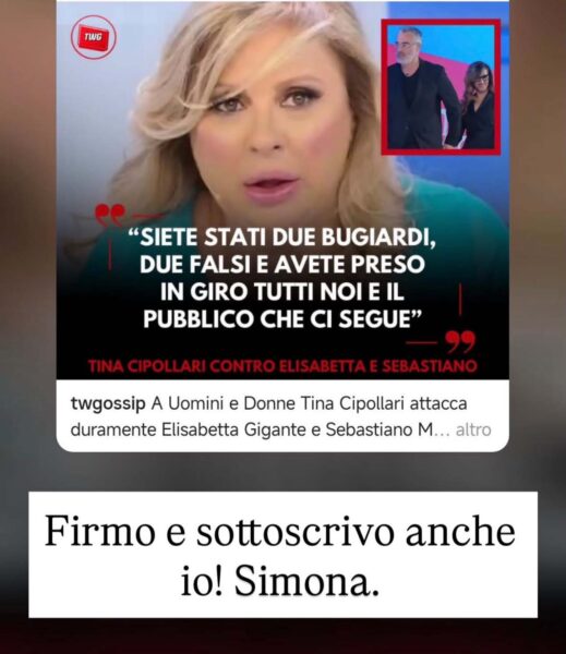Sebastiano e Elisabetta felici e innamorati: «il cuore ha preso il sopravvento». Ma ora esplode il caos: le accuse di Tina e Gianni, la rabbia di Simona e i durissimi attacchi scuotono il parterre di ‘Uomini e Donne’: «Due falsi e bugiardi che hanno preso in giro il pubblico tv» Sebastiano e Elisabetta, Il commento di Simona Cannata alle dichiarazioni di Tina Cipollari