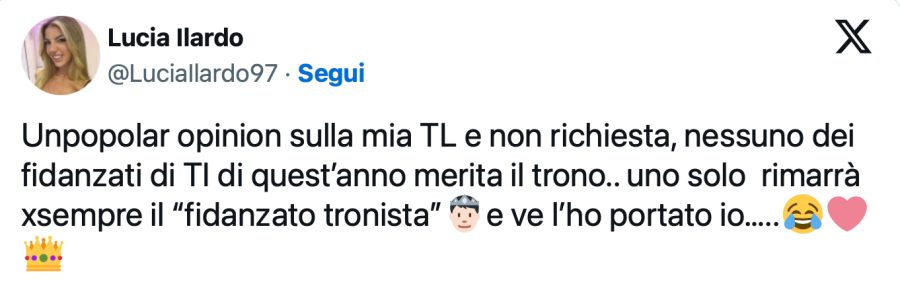 Lucia Ilardo, bomba su U&D: «I fidanzati di Temptation non meritano il trono, l’unico ce l’ho portato io». Ma dimentica che l’ex Rosario è stato tronista solo per un giorno Il post su X di Lucia Ilardo