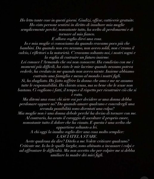 Armando Izzo e Titta Angellotti, ora la pace è ufficiale: «Ho fatto soffrire la donna che amo», il calciatore conferma il ritorno in famiglia e difende la moglie ritrovata: «Perché perdonare dovrebbe essere una colpa?» Il post social di Armando Izzo